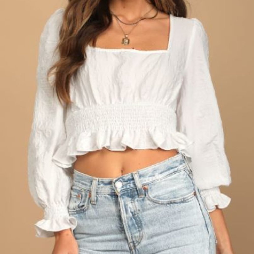 Lulu's Artfully Designed White Long Sleeve Smocked Crop Top